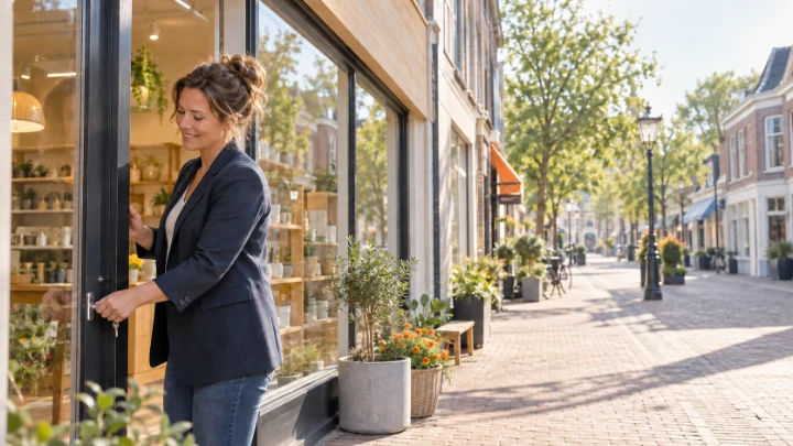 Een vrouw opent de deur van een winkel aan een zonnige straat