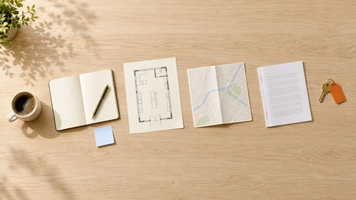 Werktafel van bovenaf met koffie, een notitieboek, een plattegrond, een stadskaart, een document en een sleutel