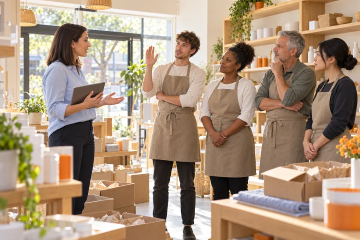 Een franchisenemer met een tablet geeft uitleg aan vier medewerkers in schorten; een van hen steekt zijn hand op