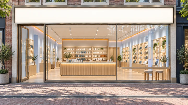 Ontwerpvoorbeeld van een breder straatpand met een grote glazen pui en een zichtbare winkelruimte